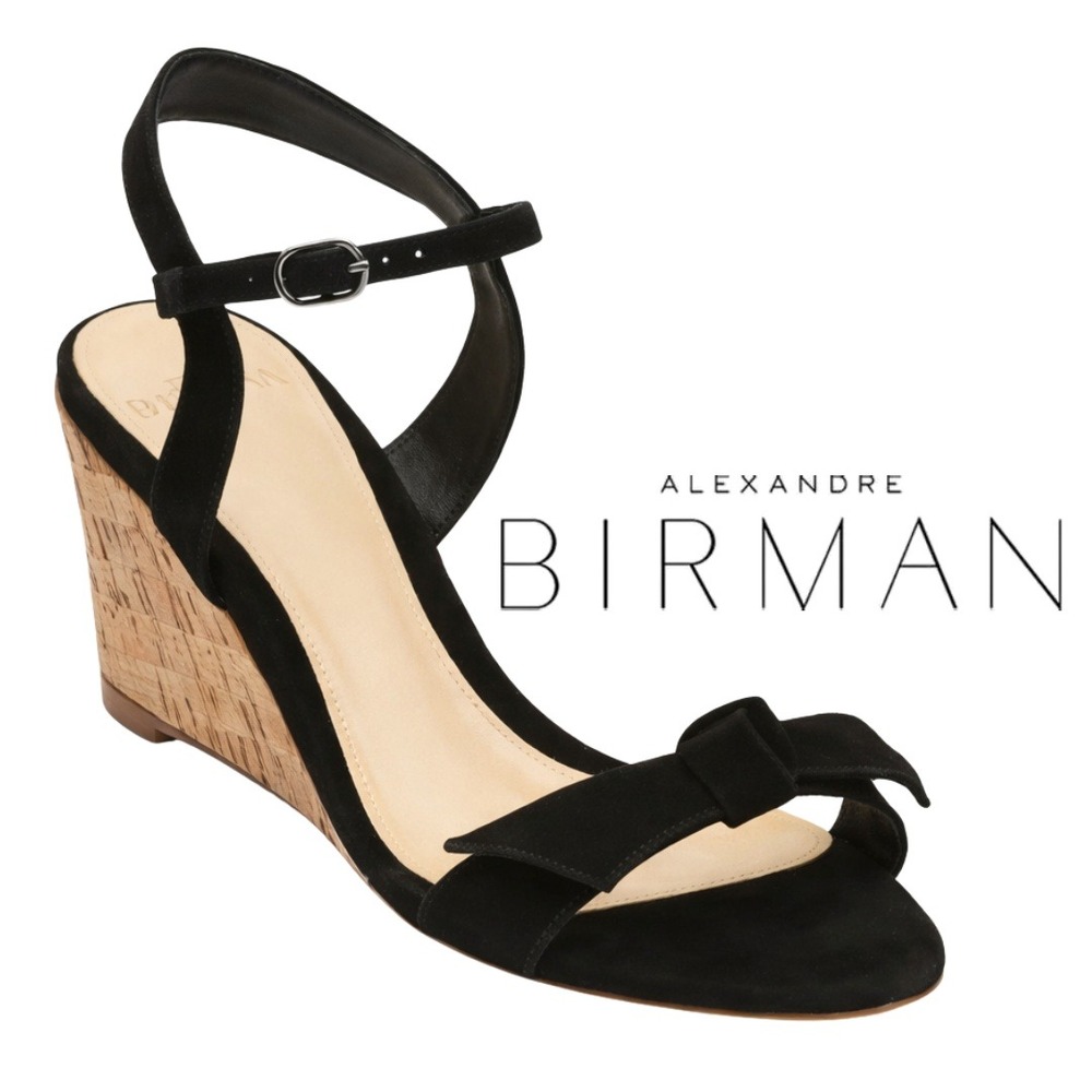 Alexandre Birman, Noelle Black Suede Cork Wedge Strappy Sandals Bow Size 39
